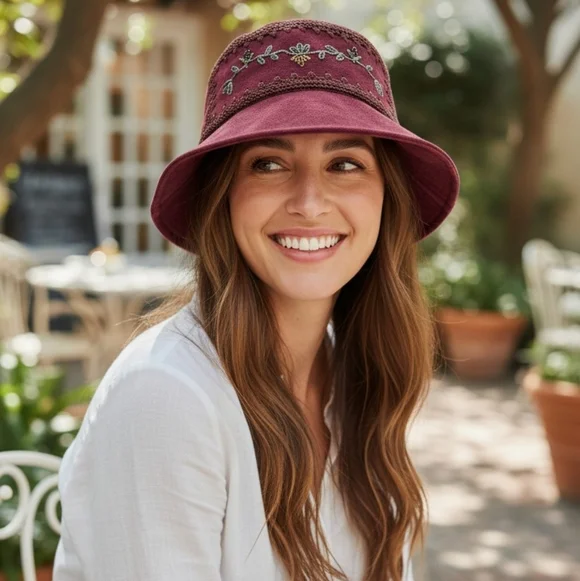 Vintage JCPenney Women’s Embroidered Burgundy Bucket Hat One Size Boho Cottage - Picture 4 of 15